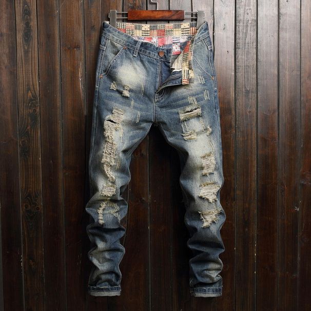 New Men's Jeans Men's Big Hole Jeans Men's Fashion Personality Straight Fit Pants_viptrois.com