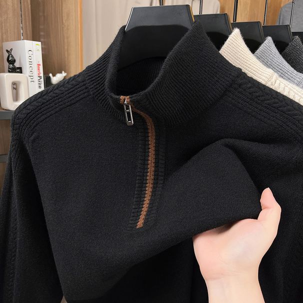 Winter New High-End Wool-Blend Half-Zip Jacquard Sweater Men's Stand Collar Thickened Warm Knitted Base Shirt_viptrois.com