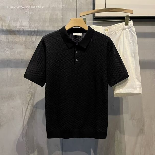 Men's Clothing Summer New Slim Thin Knitted Sweater Short Sleeved Business T Shirt Trendy Round Neck Polo Shirt Men's Textured Lapel_viptrois.com