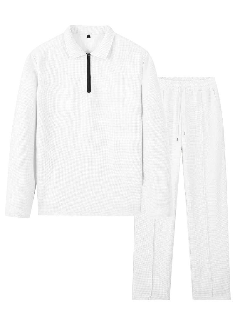 Men's Waffle Knit Zip-Up Tracksuit Set – Stylish Striped Long Sleeve Lounge & Streetwear Outfit_viptrois.com
