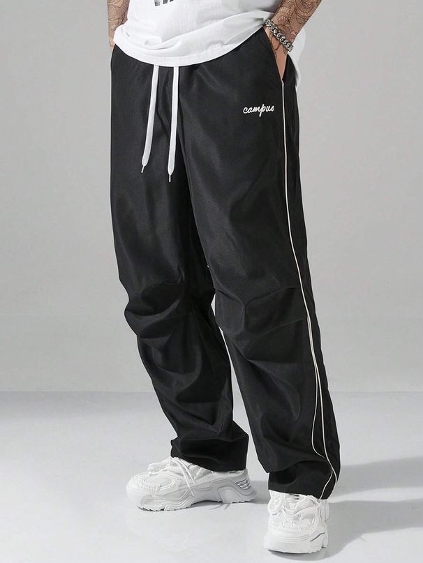Larbulse Männer Kontrast Trim Hosen Mode Casual Hosen Einfarbig Atmungs Lose Gerade Kordelzug Hosen Streetwear_viptrois.com