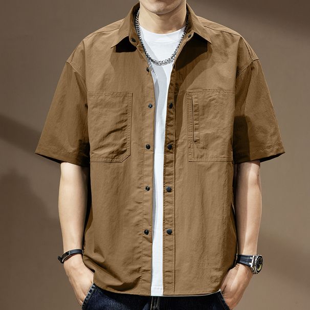 Men's Clothing Short Sleeved Shirt Men's Summer Thin Outdoor Loose Handsome Retro Casual Lapel Shirt_viptrois.com