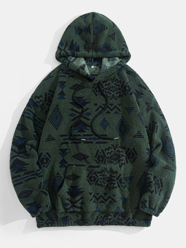 Ethnic Print Hooded Sweatshirt - Unisex Pullover With Tribal Embroidery, Oversized Streetwear (S-XXL)_viptrois.com