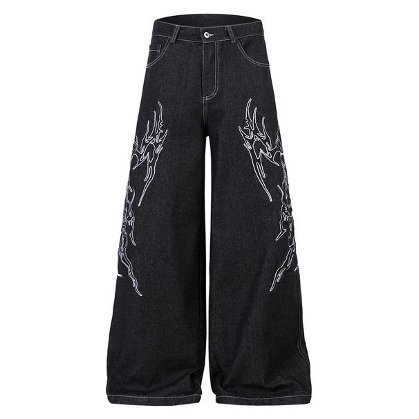 American Trendy Dark High Street Yabi Style Embroidered Thorns Loose Wide-Leg Floor-Length Denim Pants_viptrois.com