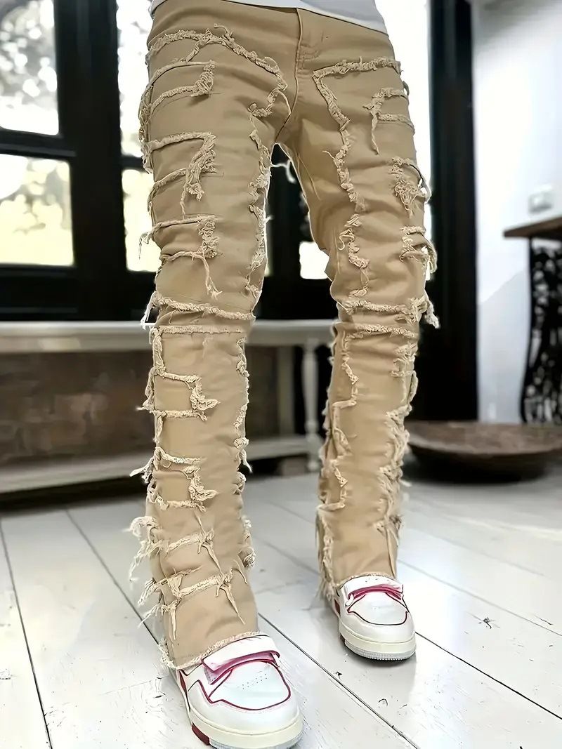 New Men's Street Fashion Ins Elastic Patch Denim Straight Leg Pants_viptrois.com