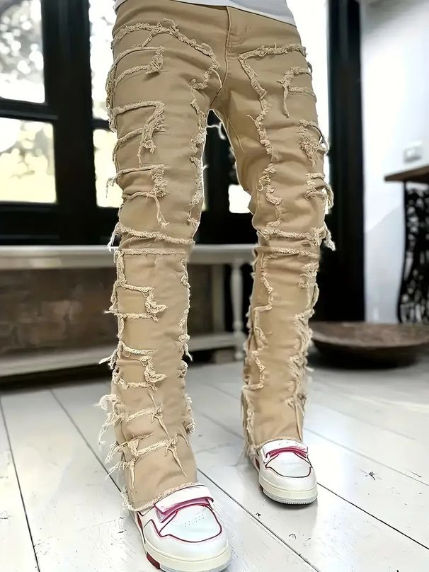 New Men's Street Fashion Ins Elastic Patch Denim Straight Leg Pants_viptrois.com