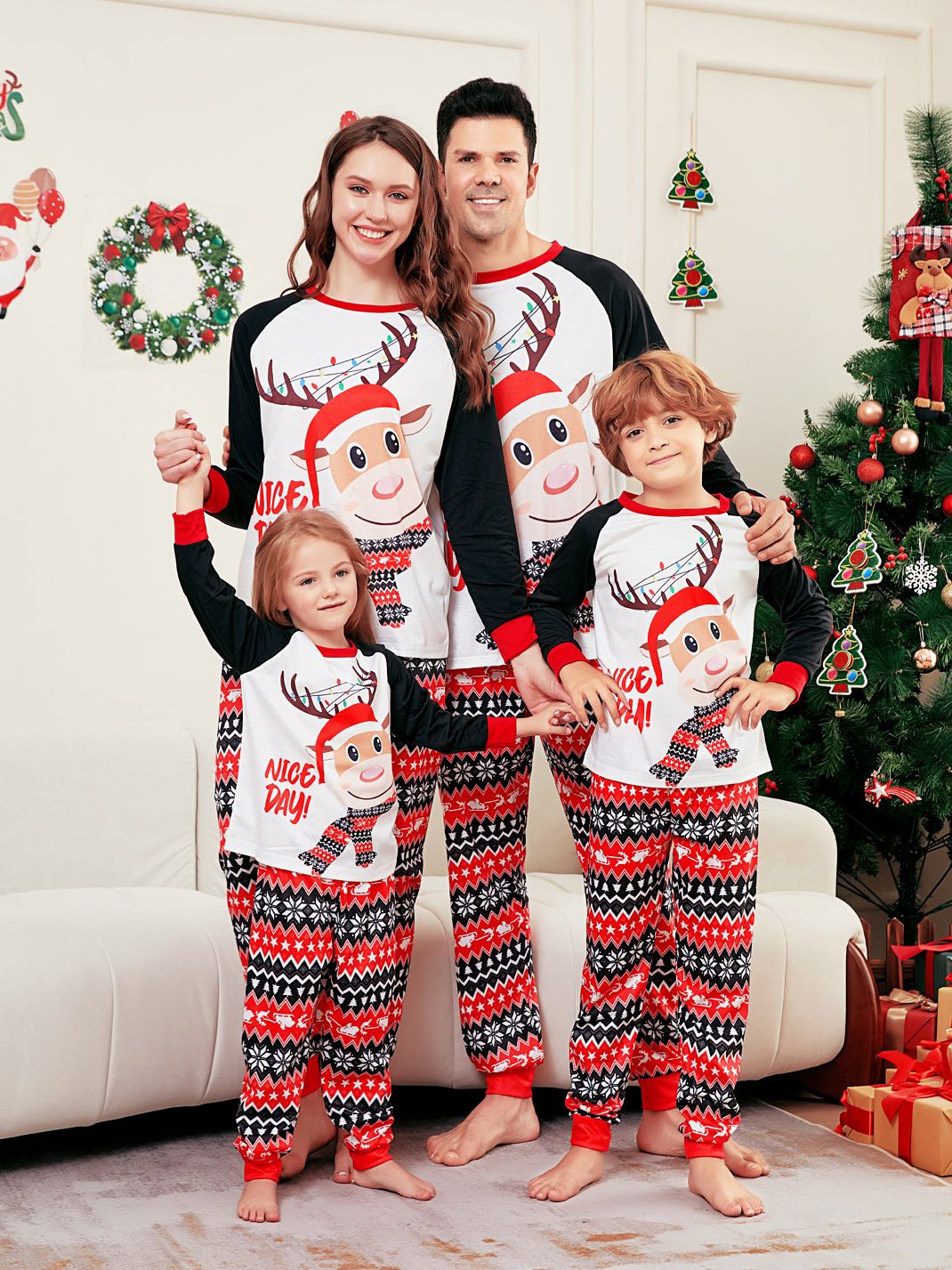 Christmas deer letter stripes Christmas family dress printed home wear pajamas_viptrois.com