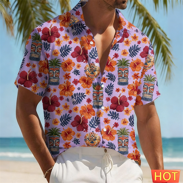 Camisa Hawaiana Tiki Para Hombre, Estampado Tropical Floral Tribal, Camisa Casual De Manga Corta Con Botones, Ropa De Playa Para Verano Y Vacaciones_viptrois.com
