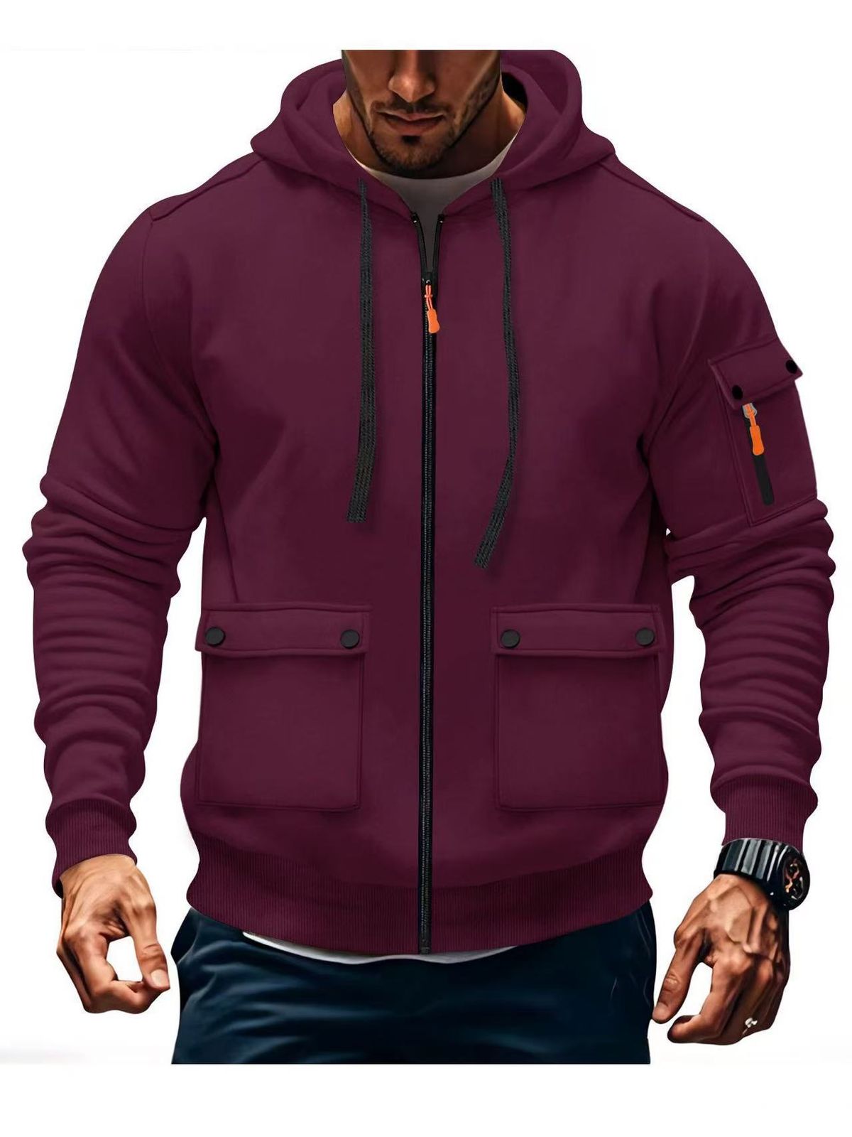 Autumn And Winter Men's Hooded Pocket Zipper Casual Plus Velvet Sweater Solid Color Jacket_viptrois.com