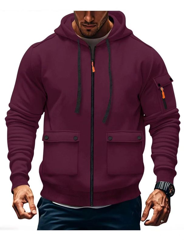 Autumn And Winter Men's Hooded Pocket Zipper Casual Plus Velvet Sweater Solid Color Jacket_viptrois.com