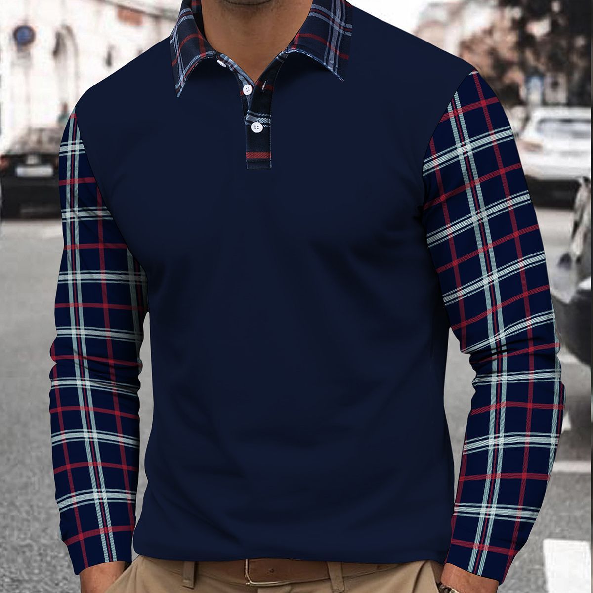Pulse Cross-Border European And American Foreign Trade Hot-Selling Plaid Patchwork Printed Half-Zip Polo Shirt Men's_viptrois.com