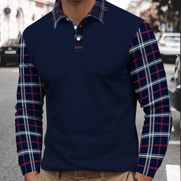 Pulse Cross-Border European And American Foreign Trade Hot-Selling Plaid Patchwork Printed Half-Zip Polo Shirt Men's_viptrois.com