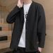 V-Neck Cardigan Sweater Men's Casual Pullover Hoodie With Patch Pockets, Waffle Knit, Loose Fit, College Style_viptrois.com