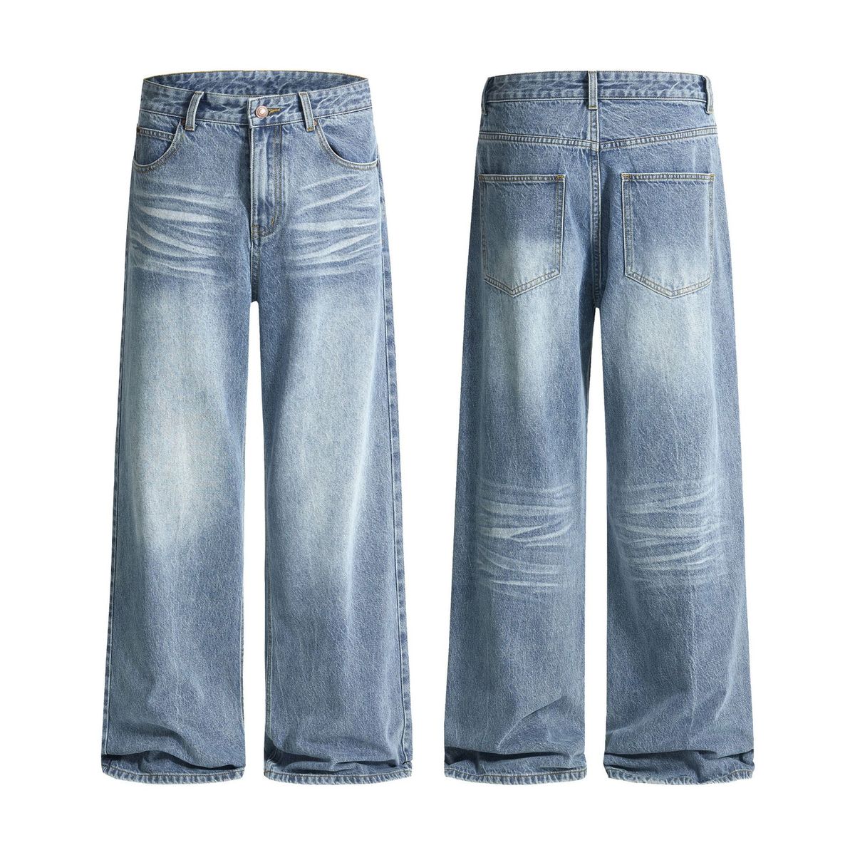 Men's Clothing & Archer0603 & American High Street Retro Whiskered Washed Vintage Blue A Line Loose Straight Leg Jeans For Men And Women_viptrois.com