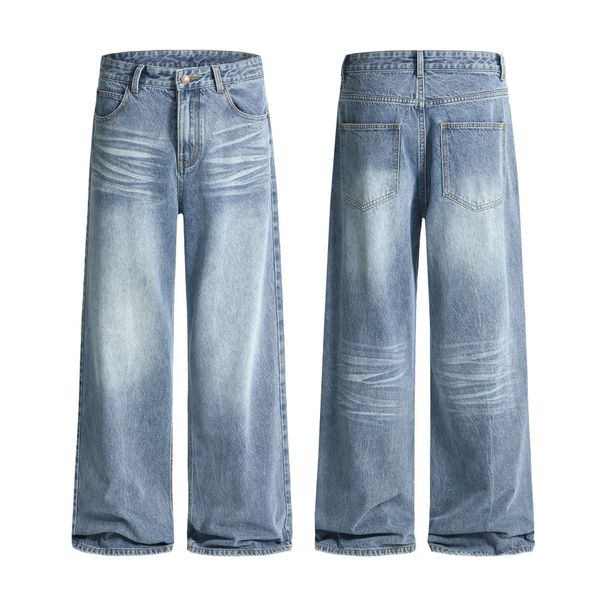 Men's Clothing & Archer0603 & American High Street Retro Whiskered Washed Vintage Blue A Line Loose Straight Leg Jeans For Men And Women_viptrois.com
