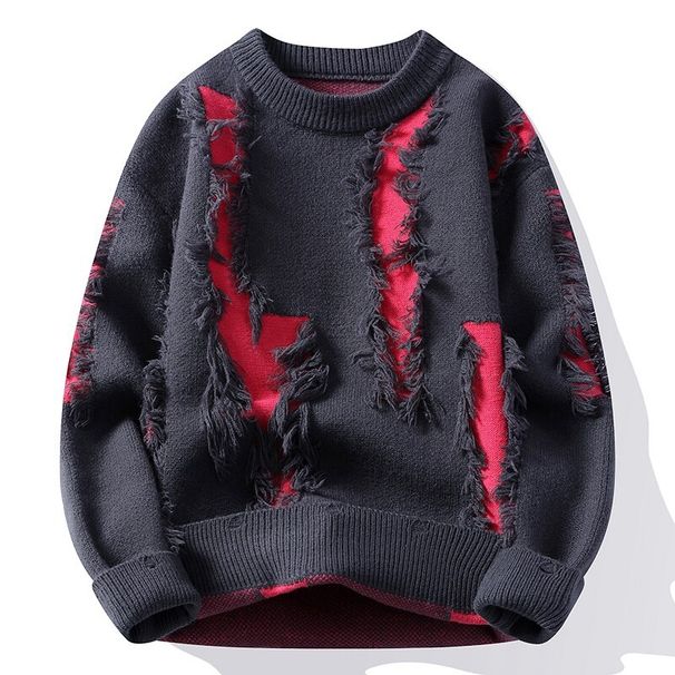 Men's Autumn And Winter New Style Pullover Round Neck Ripped Hole Xiang Color Long Sleeved Trendy Men's Warm Casual_viptrois.com