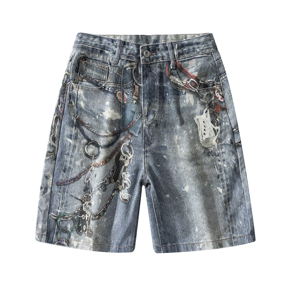 Men's Clothing Summer Fashion Brand 3D Printed Washed Hip Hop Denim Shorts Men's Loose Wide Leg Straight Leg Five Point Mid Length Pants_viptrois.com
