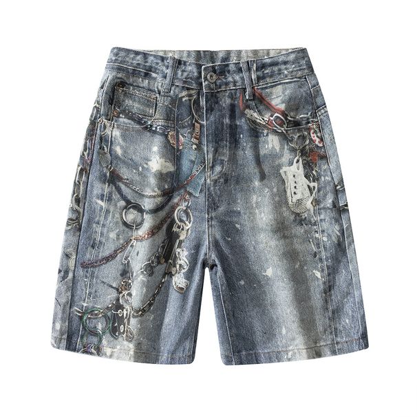 Men's Clothing Summer Fashion Brand 3D Printed Washed Hip Hop Denim Shorts Men's Loose Wide Leg Straight Leg Five Point Mid Length Pants_viptrois.com