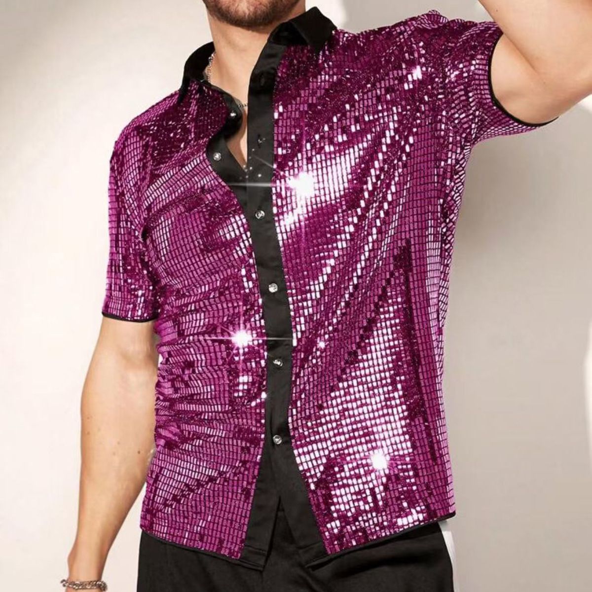 Men's Clothing New Style Personalized Trend Breathable Sequined Short Sleeved Shirt Collar Color Men's Clothing_viptrois.com