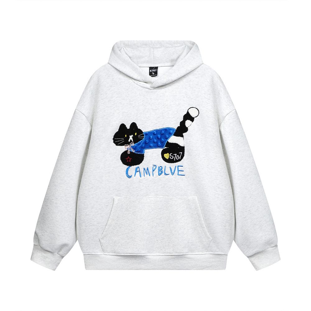 American High Street Flocked Embroidered Cat Loose Men's Hip Hop Trendy Spring Autumn Casual Pullover Hoodie_viptrois.com