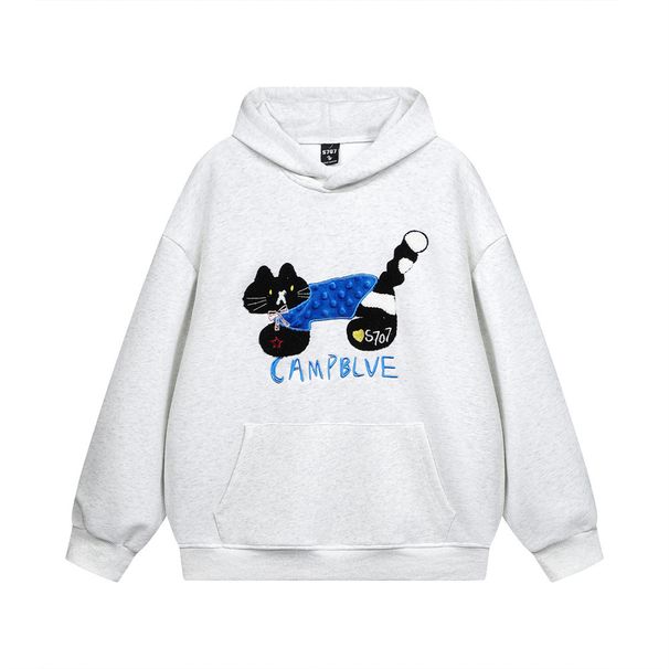 American High Street Flocked Embroidered Cat Loose Men's Hip Hop Trendy Spring Autumn Casual Pullover Hoodie_viptrois.com