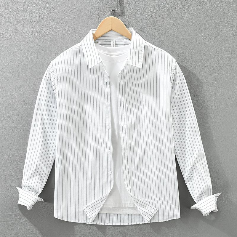 Striped Fresh Long Sleeved Shirt For Men, Fashionable And Versatile, Artistic And Casual Loose Top_viptrois.com