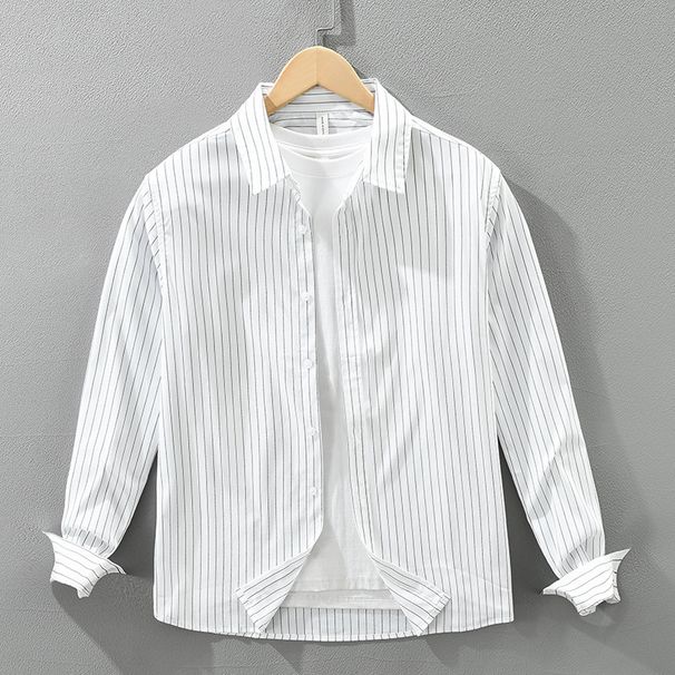Striped Fresh Long Sleeved Shirt For Men, Fashionable And Versatile, Artistic And Casual Loose Top_viptrois.com