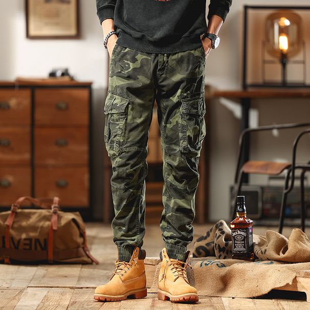 Men's Vintage Camo Cargo Pants - Military Tactical Workwear With Multi-Pockets, Relaxed Fit & Elastic Cuffs For Outdoor & Casual Wear_viptrois.com