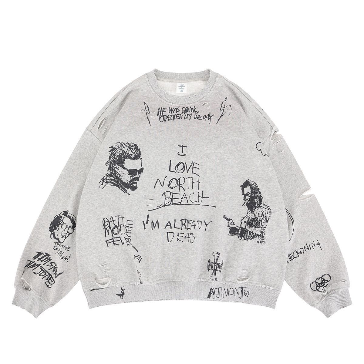 Autumn Winter New American Style Faded Vintage Terry Destroyed Crew Neck Sweatshirt For Men_viptrois.com
