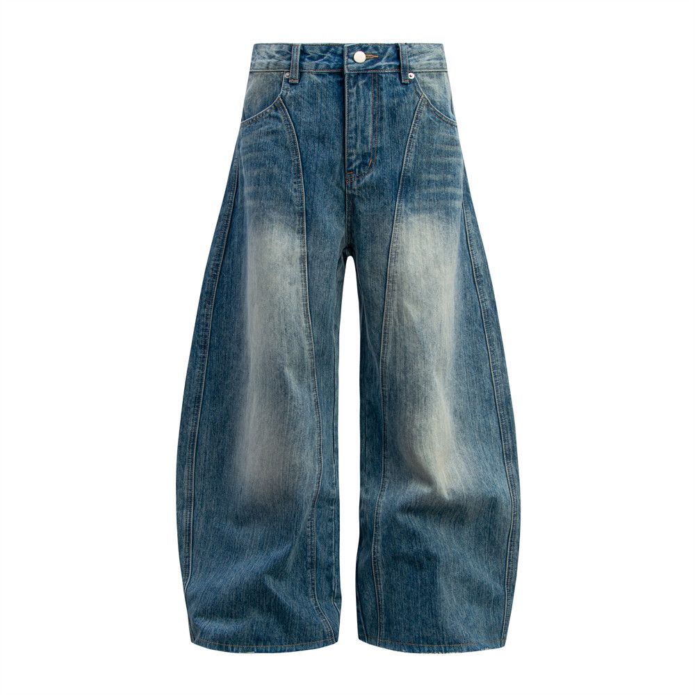 Distressed Washed Denim Scimitar Punk Street Style Loose Wide-Leg Dad Men's Sickle Long Pants_viptrois.com