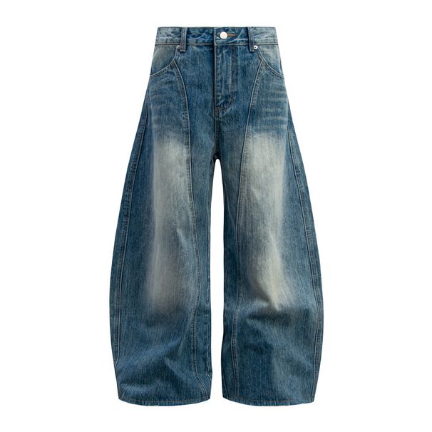 Distressed Washed Denim Scimitar Punk Street Style Loose Wide-Leg Dad Men's Sickle Long Pants_viptrois.com