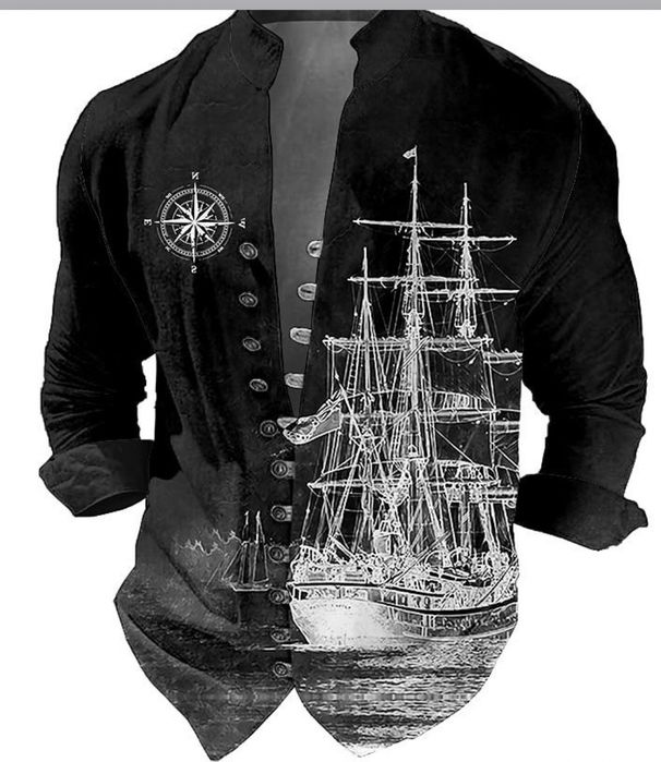 Vintage Sailboat Shirts Men Fashion Casual Single Breasted Shirt Male Outdoor Standing Collar Long Sleeve Tops Homme Camisas_viptrois.com