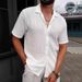 Men's Clothing Casual Knitted Shirt Solid Color Lapel Hollow Breathable Short Sleeved Top_viptrois.com