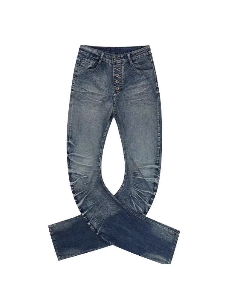 Men's Clothing Retro Washed Rippled Flared Jeans Hot Girl Buttoned Pleated Straight Slim Trousers_viptrois.com