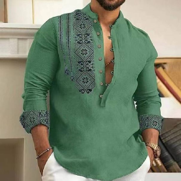 Trendy Men's Summer New Long-sleeved Stand-up Collar Semi-cardigan Casual Thin Shirt_viptrois.com
