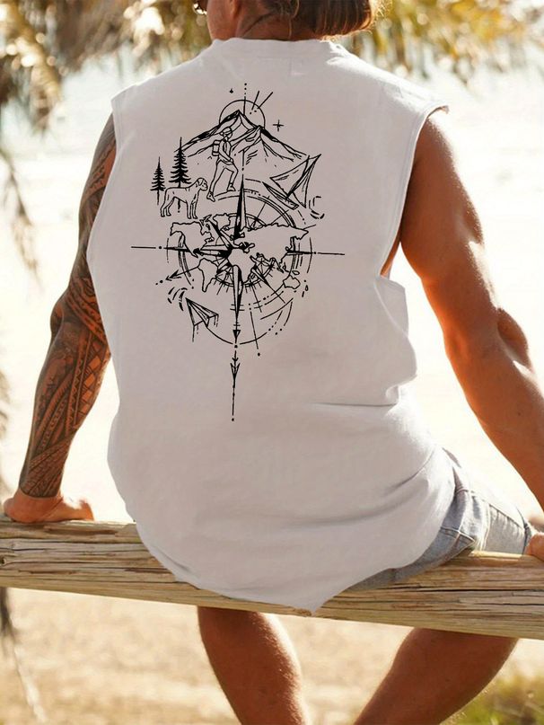 100% Pure Cotton Men's Summer Leisure Sports Fitness Loose Compass Mountain Pattern Printed Breathable Round Neck Sleeveless Vest_viptrois.com