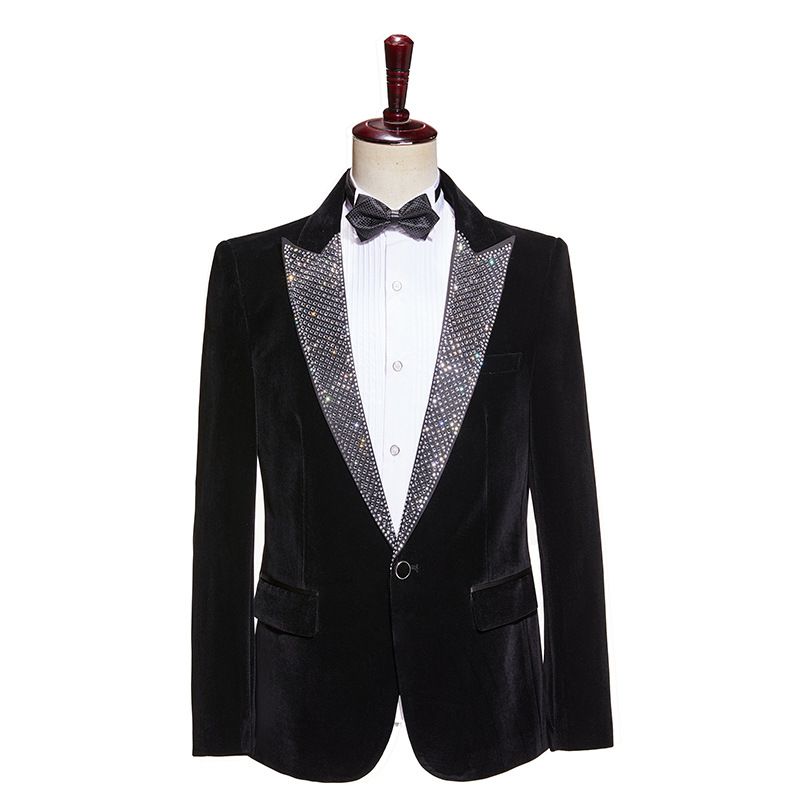Men's Clothing Men's Black Velvet Hot Diamond Shiny Stage Catwalk Performance Suit Host Singer Peak Lapel Suit_viptrois.com