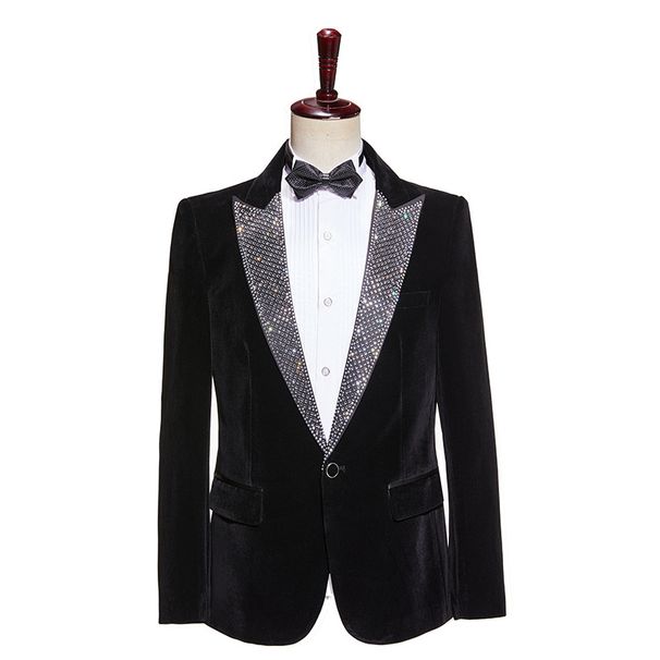 Men's Clothing Men's Black Velvet Hot Diamond Shiny Stage Catwalk Performance Suit Host Singer Peak Lapel Suit_viptrois.com
