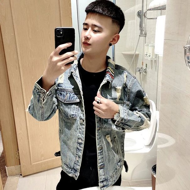 Autumn Coat Men's Tide Ins Super Fire Internet Celebrity Korean Version Versatile Embroidered Denim Jacket Spirit Guy Ripped Top_viptrois.com