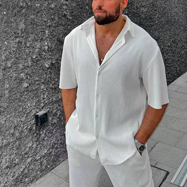 Men's Clothing casual loose beach wear solid color striped short-sleeved suit men's shirt two_viptrois.com