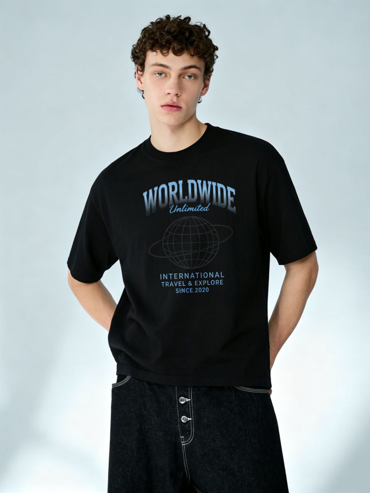 Vintage "WORLDWIDE Unlimited" Globe Graphic Cotton T-Shirt Men's Casual Streetwear Tee_viptrois.com
