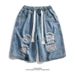 Men's Clothing Drawstring Elastic Waist Ripped Denim Shorts Street Fashion Straight Large Size Casual Five Point Mid Length Pants_viptrois.com