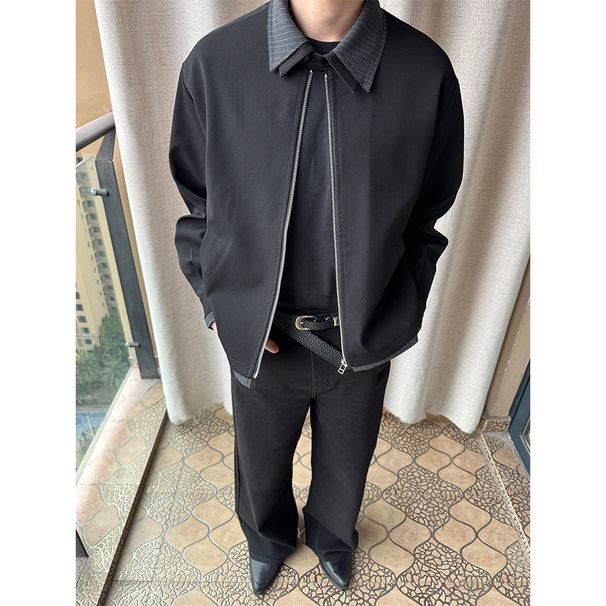 Men's Clothing Striped Splicing EdgeMen's Stripe Paneled Faux Two-Piece Jacket With Raw Hem Cleanfit Minimalist Style For Spring & Autumn_viptrois.com