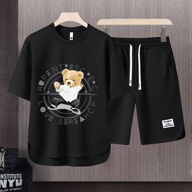 Men's Clothing 2024 Waffle Casual Summer Suit Men's Loose Teen Short sleeved T shirt Shorts Handsome Two piece Suit_viptrois.com