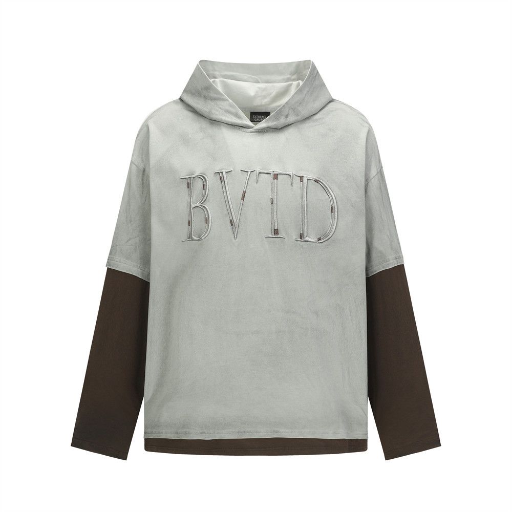 Two-Piece Color Block Long Sleeve Hooded Sweatshirt Men's Trendy Brand Letter Embroidery Loose Casual Pullover_viptrois.com
