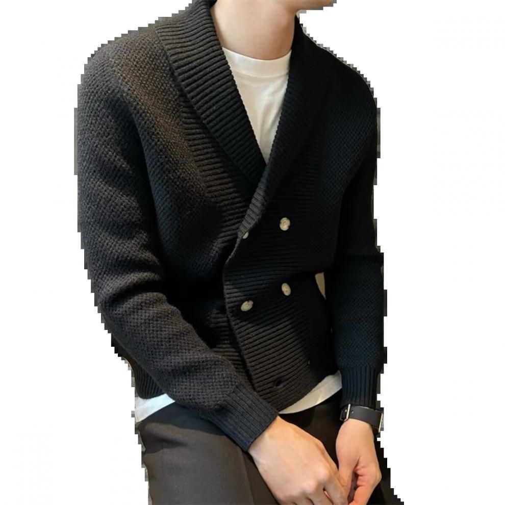 Business Knitted Jacket Men's Green Fruit Collar Double Breasted Sweater Warm Sweater High End_viptrois.com