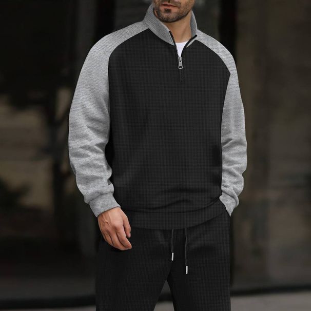 Men's Retro Half-Zip Sweatshirt – Stylish Contrast Panel Long Sleeve Pullover (S-Xxxl, Stand Collar, Polyester Blend)_viptrois.com