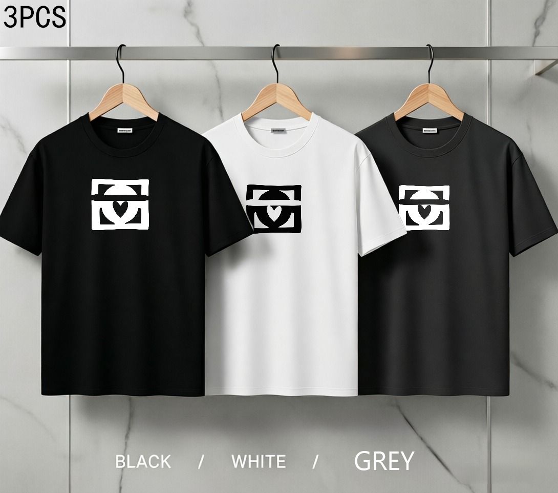 3 Pack Men's Oversized T-Shirts, 100% Cotton Crew Neck Casual Tees, Relaxed Fit Minimal Heart Monogram Print Design, Black White Grey_viptrois.com