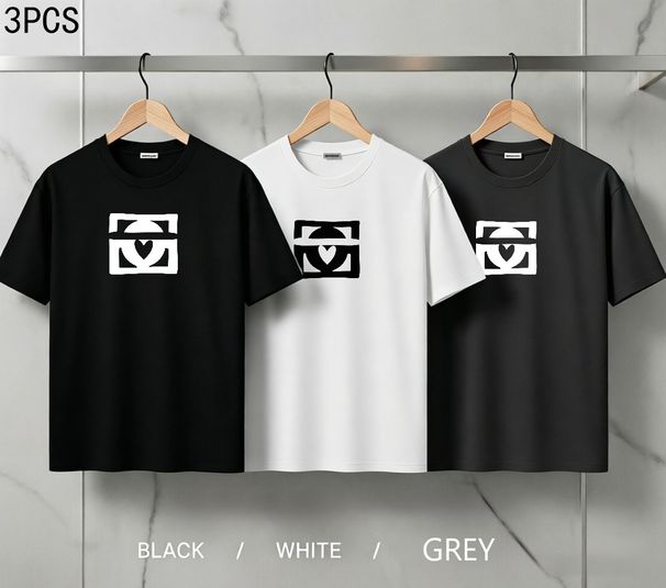 3 Pack Men's Oversized T-Shirts, 100% Cotton Crew Neck Casual Tees, Relaxed Fit Minimal Heart Monogram Print Design, Black White Grey_viptrois.com