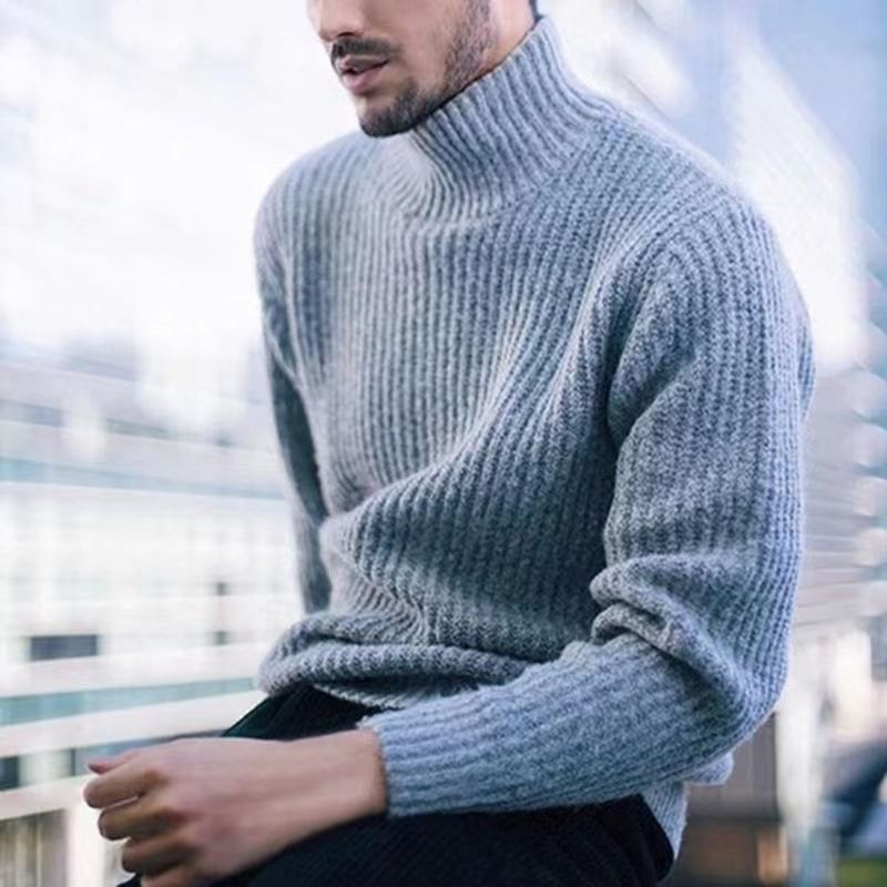 Men’s Chunky Knit Sweater - Oversized High Neck Pullover In Solid Colors (Light Grey/Burgundy/Dark Grey)_viptrois.com